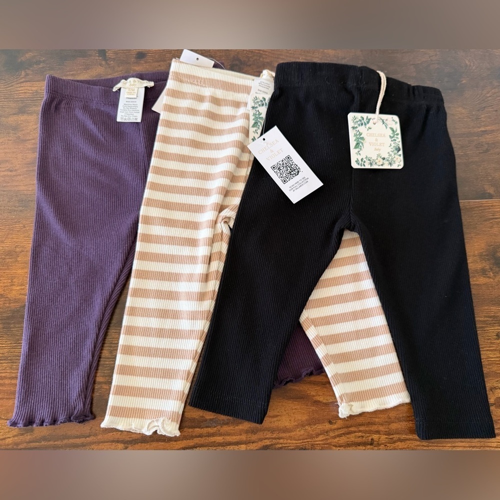 Kids Ribbed Leggings Set - Purple, Beige Stripe, Black Size 12 months